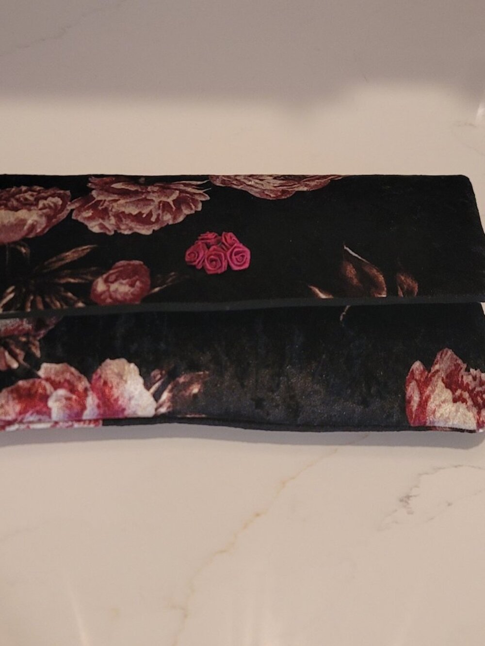 Carmen-the-Artist Handmade Black Velvet Rose Floral Clutch Purse 11"